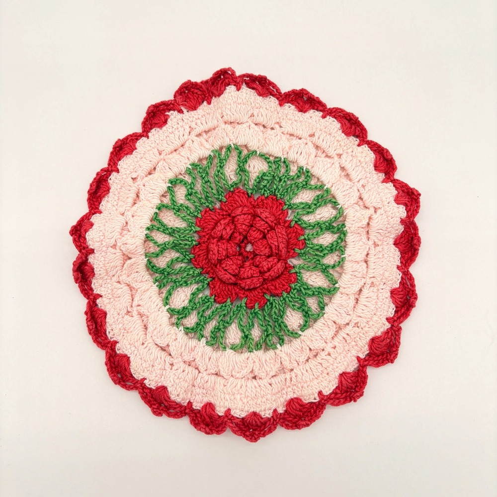 Handmade Crochet Rose Doily Pink Red Green Floral Cottagecore Table Decor